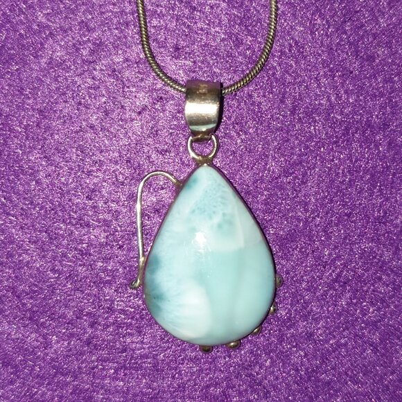 Beautiful Vintage 925 Sterling Silver Natural Larimar Statement Pendant Necklace - Picture 6 of 13